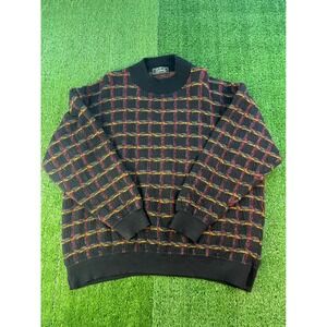 SCARAB Mens Sweater Size 56 Black Red Yellow Plaid Italian Knit Mock Neck